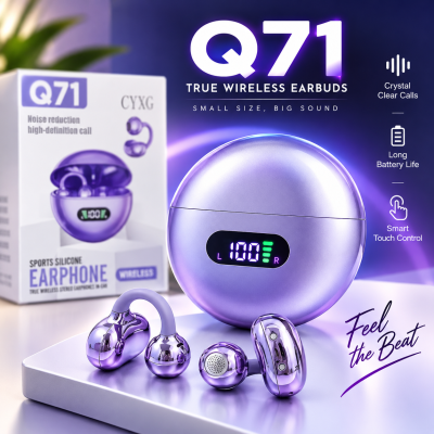 Q71 True Wireless Open-Ear / Ear Clip Earbuds – Digital LED Display, HD Stereo Sound, Noise Reduction Call Feature, 30mAh Earbud & 180mAh Charging Case for Sports & Daily Use